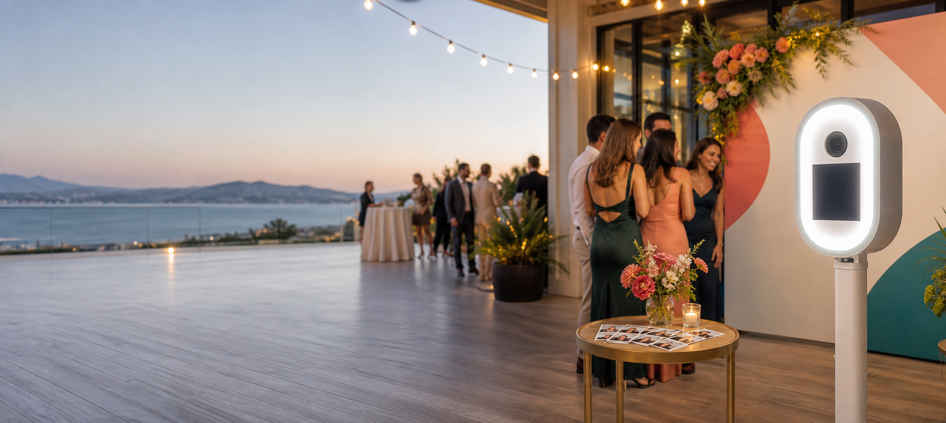 A modern event photo booth setup at a warm reception